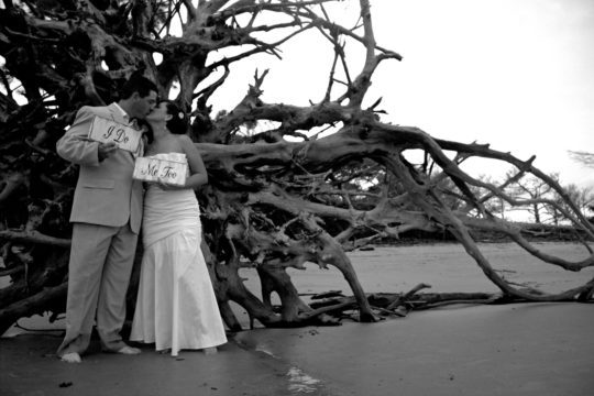 bride and groom kissing in front of driftwood on the beach holding I do signs