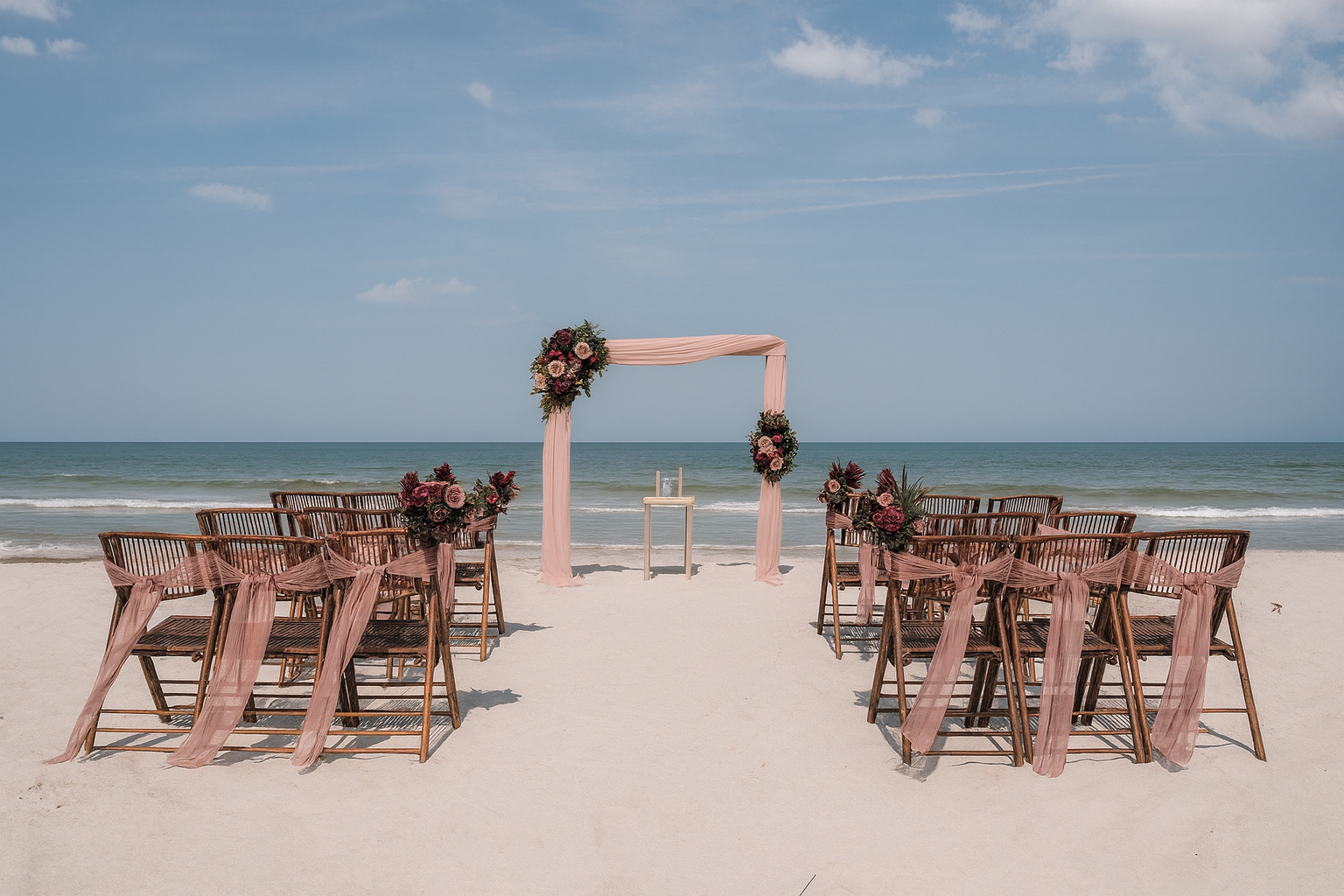 St. Augustine Beach Wedding Arbor in blush Noir colors