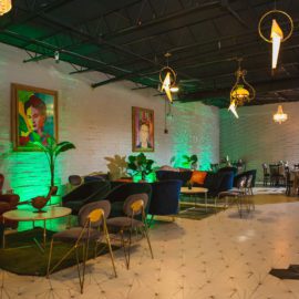 Modern restaurant decorated for wedding reception