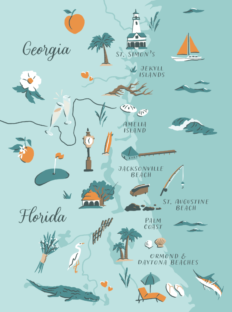Illustrative map of Florida beach wedding locations and Georgia wedding locations