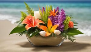 a tropical beach bouquet for a wedding encased in a short vase with sand, Beach Bouquet, beach wedding