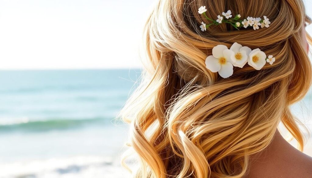 a bride with a beach hairstyle for a wedding, beach wedding hairstyles, hairstyle for beach wedding