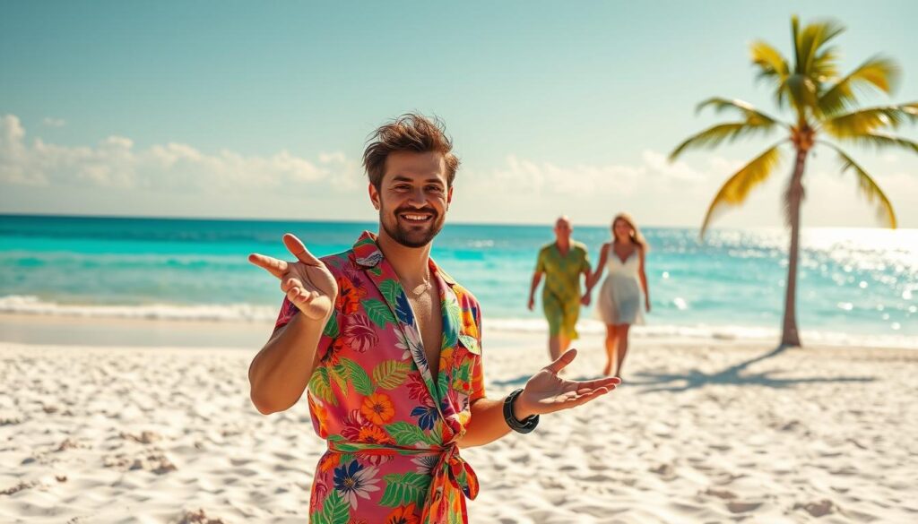 a gay man wearing a fashionable robe on the beach as he attends a gay wedding in florida